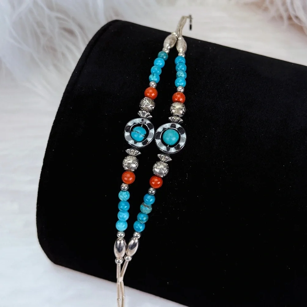 Bohemian southwestern two strand silver tone, handmade costume bracelet